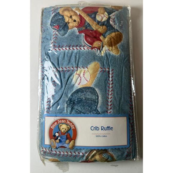 Vintage Blue Jean Teddy Baseball Bear Crib Skirt Ruffle Baby Nursery Bedding - Picture 2 of 5